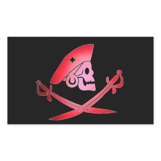 RED BLACK PIRATE BANNER WITH SKULL ,CROSSED SWORDS RECTANGULAR STICKER