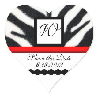 RED BLACK WHITE ZEBRA FUR MONOGRAM ,Save The Date Heart Sticker