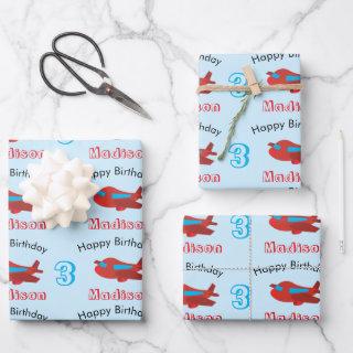 Red & Blue Airplane Pattern Birthday Name & Age  Sheets