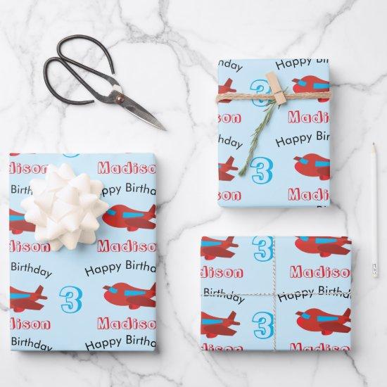 Red & Blue Airplane Pattern Birthday Name & Age  Sheets