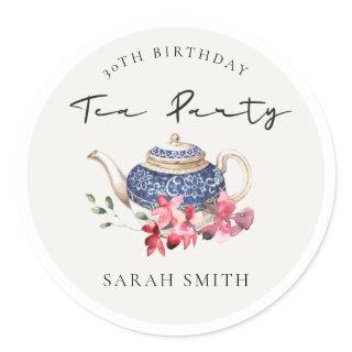 Red Blue Teapot Floral Any Age Birthday Tea Party Classic Round Sticker
