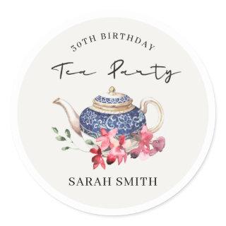 Red Blue Teapot Floral Any Age Birthday Tea Party Classic Round Sticker