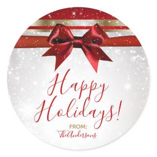 Red Bow & Gold White Sparkle Elegant Holiday Favor Classic Round Sticker