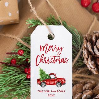 Red Brush Script Christmas Vintage Truck Gift Tags