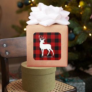 Red Buffalo Plaid & Deer | Personal Name Gift Square Sticker