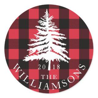 Red Buffalo Plaid White Forest Pine Tree Family Classic Round Sticker