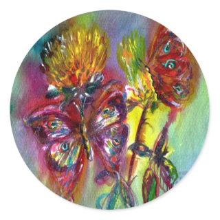 RED BUTTERFLIES ON YELLOW THISTLES,BLUE SKY Floral Classic Round Sticker