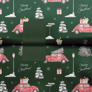 Red Car Winter Pattern Merry Christmas Green Tissue Paper