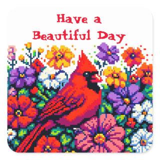 Red Cardinal and Flowers | Beautiful Day Square Sticker
