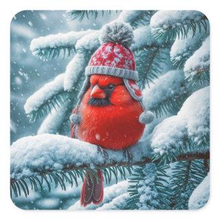 Red Cardinal Bird Wearing Winter Hat Square Sticker