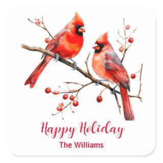 Red Cardinal Birds on Holly Tree Branch Square Sticker