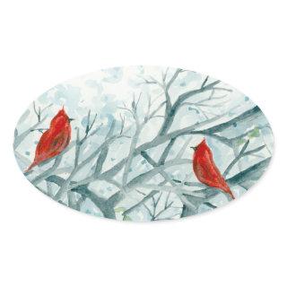 Red Cardinal Birds Winter Trees Watercolor Oval Sticker