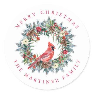 Red Cardinal Pine Wreath Merry Christmas Classic Round Sticker