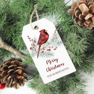 Red Cardinal Snowy Pine Branch Christmas Gift Tags