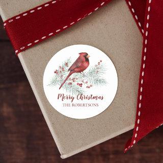 Red Cardinal Winter Pine Merry Christmas Classic Round Sticker