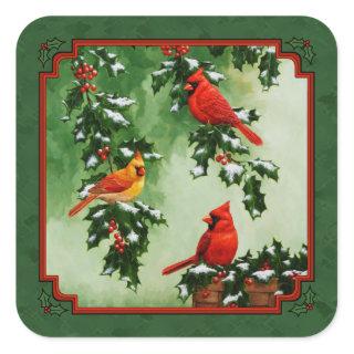 Red Cardinals and Holly Green Square Sticker