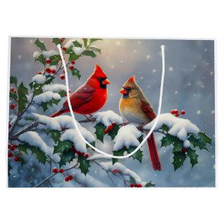 Red Cardinals and Holly in Snow Large Gift Bag