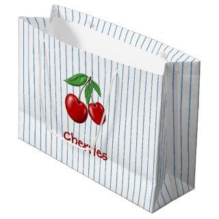 Red Cherries on Blue Stripes Graphic Pattern Large Gift Bag