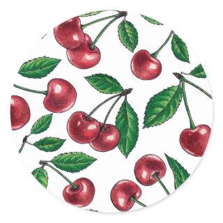 Red cherries on white classic round sticker