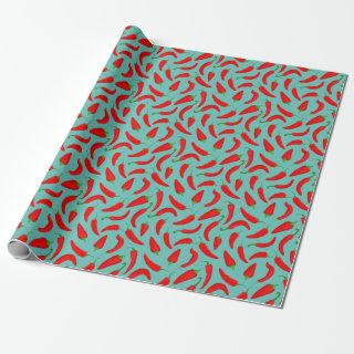 Red Chillies Pattern on Teal Blue