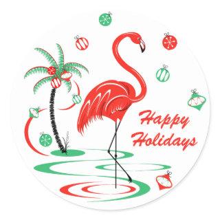 Red Christmas Flamingo Baubles Holidays round Classic Round Sticker