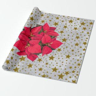 Red Christmas flower gold stars on abstract silver