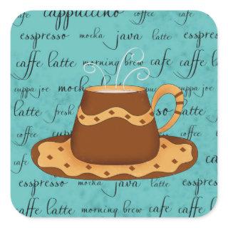 Red Coffee Cup Art on  Turquoise Script Words Square Sticker