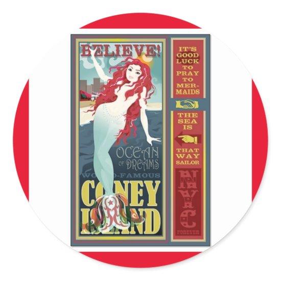 red coney island mermaid classic round sticker