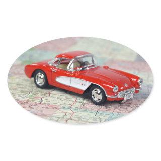 Red Corvette on Road Map Oval Sticker