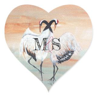 Red Crowned Tancho Crane, Japanese Wedding Favor Heart Sticker