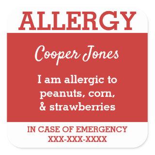 Red Custom Food Allergy Kids Contact Info Square Sticker