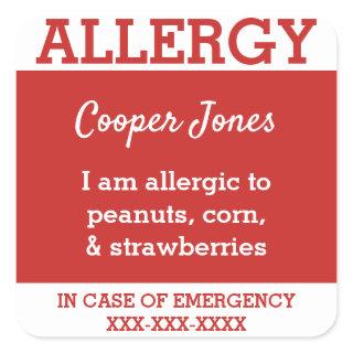 Red Custom Food Allergy Kids Contact Info Square Sticker