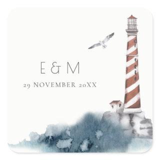 RED DUSKY BLUE LIGHTHOUSE SEA MONOGRAM WEDDING SQUARE STICKER