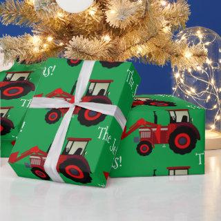 Red Farm Tractors on Green Christmas Wrapping Pape