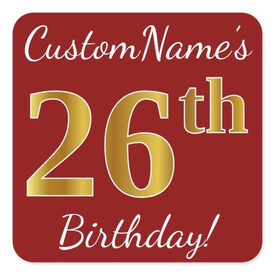 Red, Faux Gold 26th Birthday + Custom Name Sticker