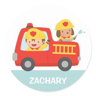 Red Fire Truck with Fire fighter Boy and Puppy Classic Round Sticker