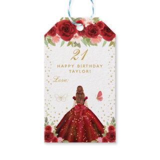 Red Floral Brown Hair Girl Happy Birthday Gift Tags