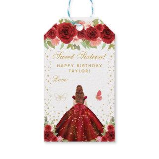 Red Floral Brown Hair Princess Sweet Sixteen Gift Tags
