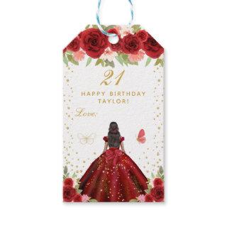 Red Floral Dark Skin Princess Birthday Party Gift Tags