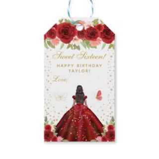 Red Floral Dark Skin Princess Sweet Sixteen Gift Tags