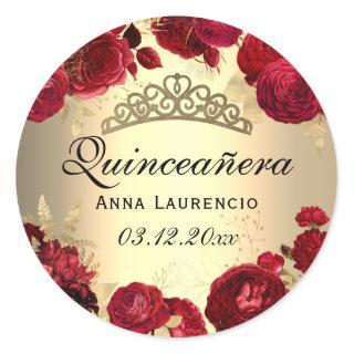 Red Floral Roses Gold Quinceanera Classic Round Sticker