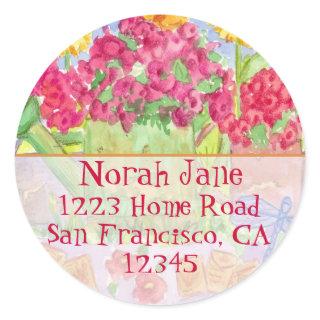 Red Flower Garden Watering Can Return Address Classic Round Sticker