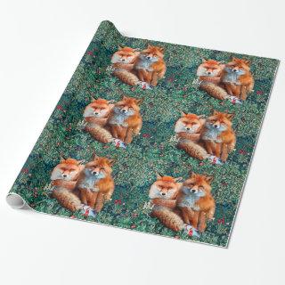 RED FOXES IN GREEN FOLIAGE AND FLOWERS Floral