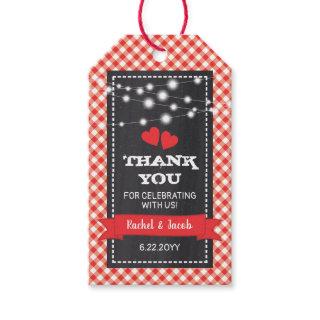 Red Gingham and Lights Chalkboard Engagement Party Gift Tags