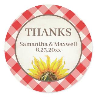 Red Gingham Sunflower Thank You Classic Round Sticker
