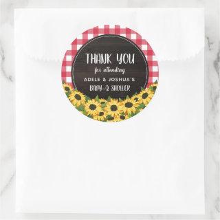 Red Gingham & Sunflowers Baby-Q Shower Thank You Classic Round Sticker