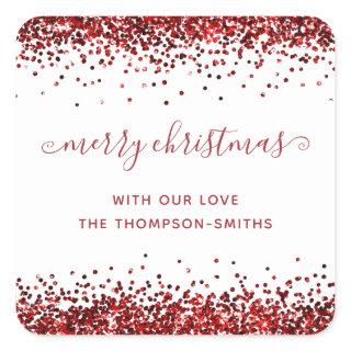 Red Glitter Merry Christmas Script Names White  Square Sticker