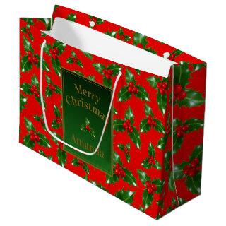 Red Gold Green Holly Berry Pattern – Personalized Large Gift Bag