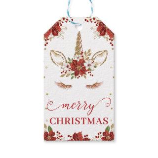 Red & Gold Poinsettia Unicorn Face Merry Christmas Gift Tags