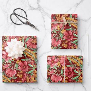 Red Golden Yellow Green Watercolor Flowers Pattern  Sheets